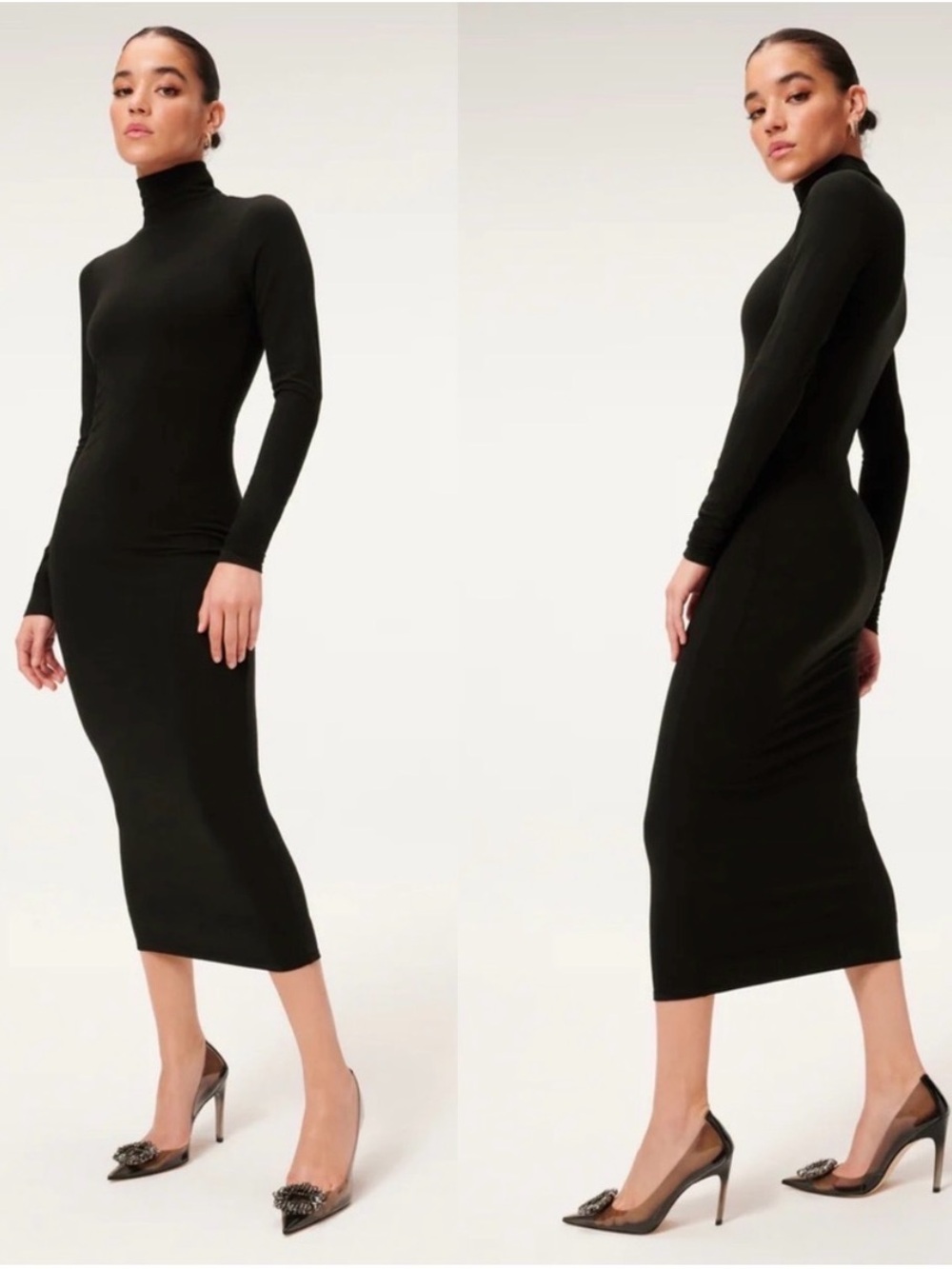 Good American Bodycon Sundown Midi Long Sleeve Black Dress in 1 or S Compression